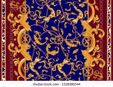 Marine baroque pattern with golden chains, fishes and ships. Vector seamless patch for scarfs, print, fabric.