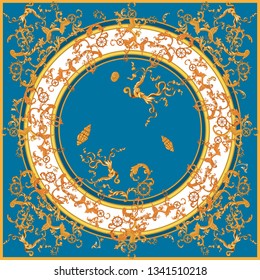 Marine baroque pattern with golden chains, fishes and ships. Vector patch for scarf, print.