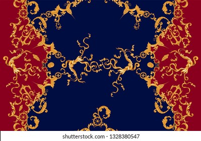 Marine baroque pattern with golden ships and fishes. Vector seamless patch for scarfs, print, fabric.