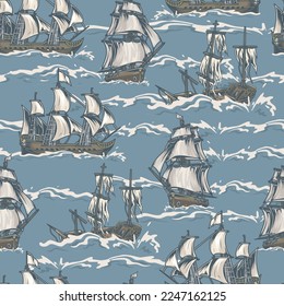 Marine battles colorful seamless pattern sailing ships and wreckage of sea vessels after defeat in battle for ocean vector illustration