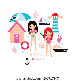 Marine beach girls summer time vacation theme illustration postcard cover design for kids in vector