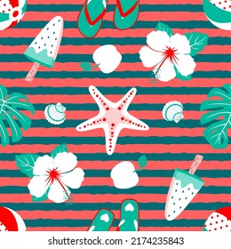 Marine beach seamless pattern. Hibiscus, monstera, popsicle, slates, ball, starfish. Vector clipart.