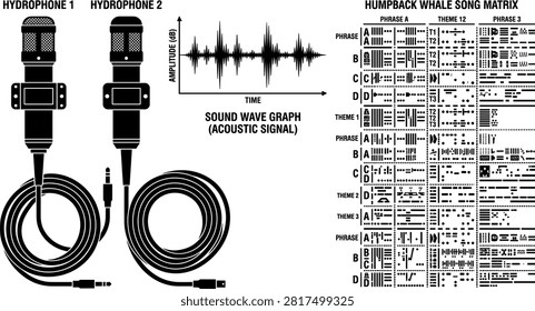 Marine Bioacoustics Science Vector Set Featuring Underwater Hydrophone Microphones Sound Wave Amplitude Graph and Humpback Whale Song Matrix Data Chart.eps