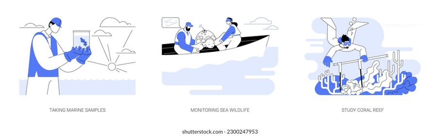 Marine biologist abstract concept vector illustration set. Taking marine water samples, monitoring sea wildlife, tagging animals, study coral reef, environmental science abstract metaphor.