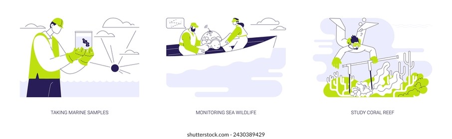 Marine biologist abstract concept vector illustration set. Taking marine water samples, monitoring sea wildlife, tagging animals, study coral reef, environmental science abstract metaphor.