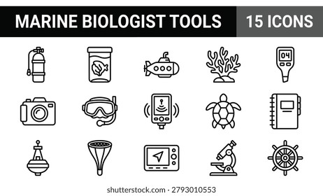 Marine Biologist Tools Icon Set: Underwater Exploration and Research Equipment