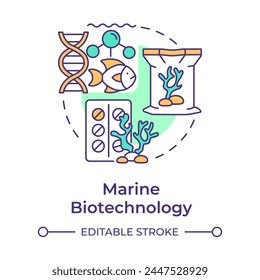 Marine biotechnology multi color concept icon. Aquaculture. Marine organisms for pharmaceuticals. Round shape line illustration. Abstract idea. Graphic design. Easy to use in presentation