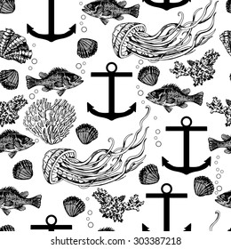 Marine black and white decorative pattern.  Hand drawing. Seamless for fabric design, gift wrapping paper and printing and web projects.