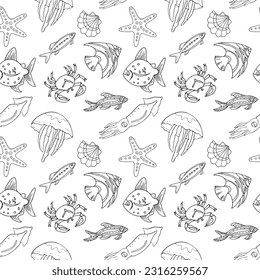 marine black and white seamless pattern with oceanic animals squid jellyfish crab shell fish