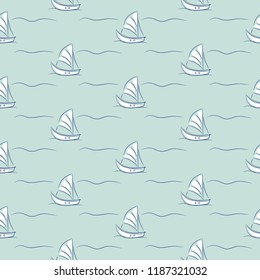 Marine blue boats line style seamless pattern background.