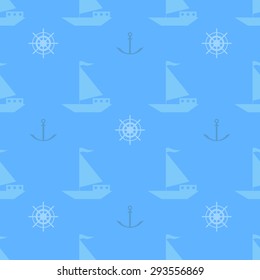 Marine blue seamless pattern, summer sailing background, anchor, boats, helm object