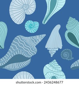 Marine blue seashells. Vector seamless pattern