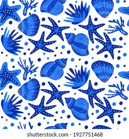 Marine blueseamless pattern. Seashells, shells, starfish, corals. Design of textiles, fabrics, wallpapers, prints