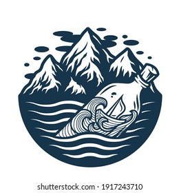 Marine boat on the waves inside the bottle and mountain. Nautical wanderlust and adventure illustration