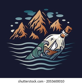 Marine boat on the waves inside the bottle and mountain. Nautical wanderlust and adventure illustration