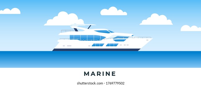 Marine boat in sea. Vector flat illustrations. Marine passenger powerboat on backdrop sea and sky.