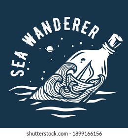 Marine boat swing on the waves inside the bottle at starry sky space. Nautical wanderlust and adventure illustration