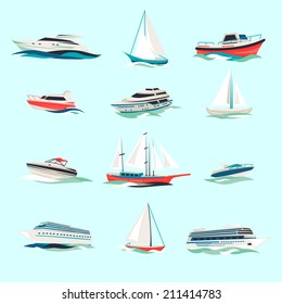 Marine boats cruise sea travel yacht motor vessels flat icons set with jet cutter abstract isolated vector illustration