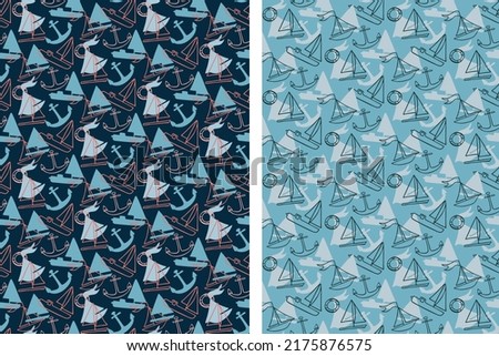 Marine boats seamless patterns, set of 2. Hand drawn doodle cartoon style. Blue grey red tones color. Geometrical grid surface layer. Transparent background. Vector