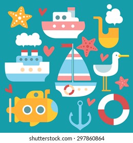 Marine boats set. Ships on a green background. Steamship, sailboat, yellow submarine, anchor, life buoy, Seagull, starfish, sea.