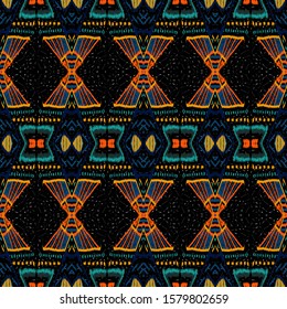 Marine Boho Shibori. Dip Shibori Vector Seamless Pattern. Aztec Batik Watercolor Wallpaper. Gloss Uzbek Watercolor Ornament. Ogee Batik Indian.