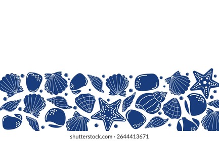 Marine border with silhouette seashells, pebbles, and starfish. Blue nautical decorative design for summer, beach, and sea-themed projects. Vector illustration