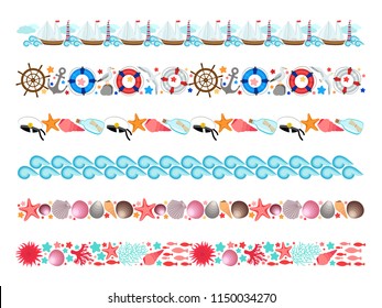 Marine borders sea set, endless seamless stripes, nautical symbols for tape, ribbon, wrapping bow, edging, frame, summer design elements sailboat, helm, shell, life buoy, seaweed, coral, fish, anchor.