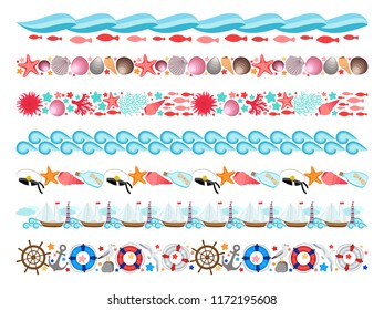 Marine borders set, long bars with nautical elements objects, sailboat, yacht, vessel, sea shell, waves, helm, buoy, coral, fish, for edge decoration in paper, textile, book, card, wallpaper design.