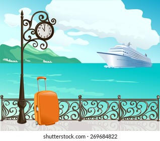 marine boulevard with a clock and a ship. vector illustration