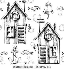 Marine cabins striped houses for rest and fishing with anchor, bell, fish and bubbles. Graphic illustration on nautical theme hand drawn line art in black and white monochrome. Seamless pattern