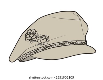 Marine cap with chain flat sketch vector mockup template.