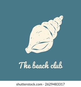 Marine card with seashell on blue background in retro style. Template with text The beach club. Hand drawn line and texture. Ideal for greeting card, logo, social media, print, background.
