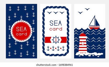 Marine cards collection. Vector vertical flyers in blue and red colors. Sea style banners.