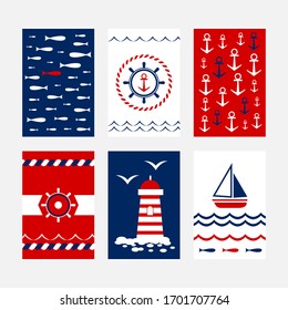 Marine cards collection. Vector vertical flyers in blue and red colors. Sea style tags.