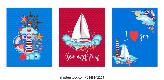 Marine cards sea nautical set, letter size, sailing trip, summer templates bright collection, theme design elements, symbols, signs, cartoon vector illustration for flyer, party invitation, poster. 