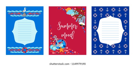 Marine cards sea nautical set, letter size, sailing trip, navy blue and red collection, theme design elements, symbols, signs, cartoon vector illustration for flyer, party invitation, poster, cover. 