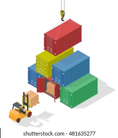 Marine cargo port. Unloading of sea cargo containers by a forklift. Closed containers and one outdoor. Isometric vector illustration.