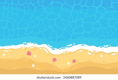 Marine, cartoon sea background. Seashore, ocean, beach, relaxation on the beach. Template for banner, poster, invitation, flyer, card. Horizontal background.  Waves, seashells.