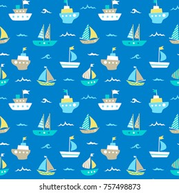 Marine cartoon seamless pattern with cute sail boats on sea waves.  Nautical background for kids. Vector
