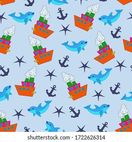 Marine cartoon seamless pattern. With the image of a boat, a dolphin, anchors and a star. Vector illustration