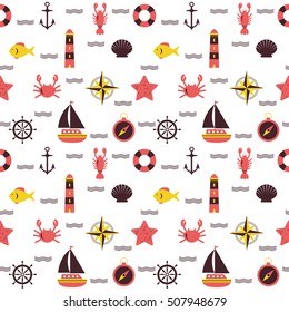 Marine cartoon seamless pattern. Sea theme. Nautical background. Vector illustration