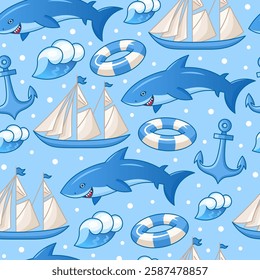 Marine cartoon seamless pattern. Shark, ship, anchor and waves on blue background illustration.