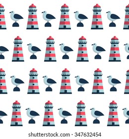 marine cartoon seamless  vector pattern with lighthouse