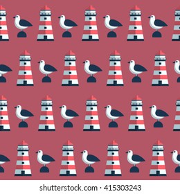 marine cartoon seamless  vector pattern with lighthouse