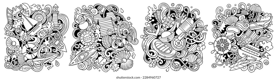 Marine cartoon vector doodle designs set. Line art detailed compositions with lot of maritime objects and symbols