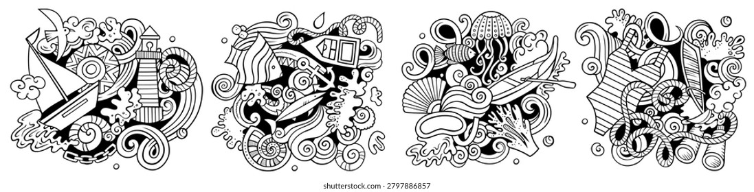 Marine cartoon vector doodle designs set. Line art detailed compositions with lot of maritime objects and symbols