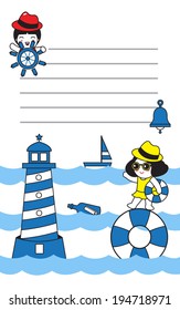 Marine characters and elements paper note illustration set