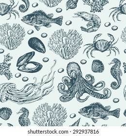 Marine chart pattern with underwater inhabitants. Graphic drawings of various inhabitants of the underwater world. Seamless for fabric design, gift wrapping paper and printing and web projects.