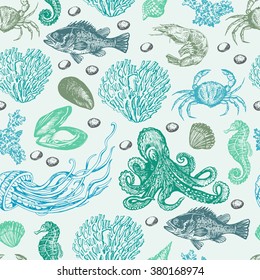Marine chart underwater pattern. Hand drawing. Seamless for fabric design, gift wrapping paper and printing and web projects.