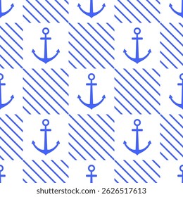 Marine checkered seamless pattern with an anchor. Seamless texture for print, textile, fabric